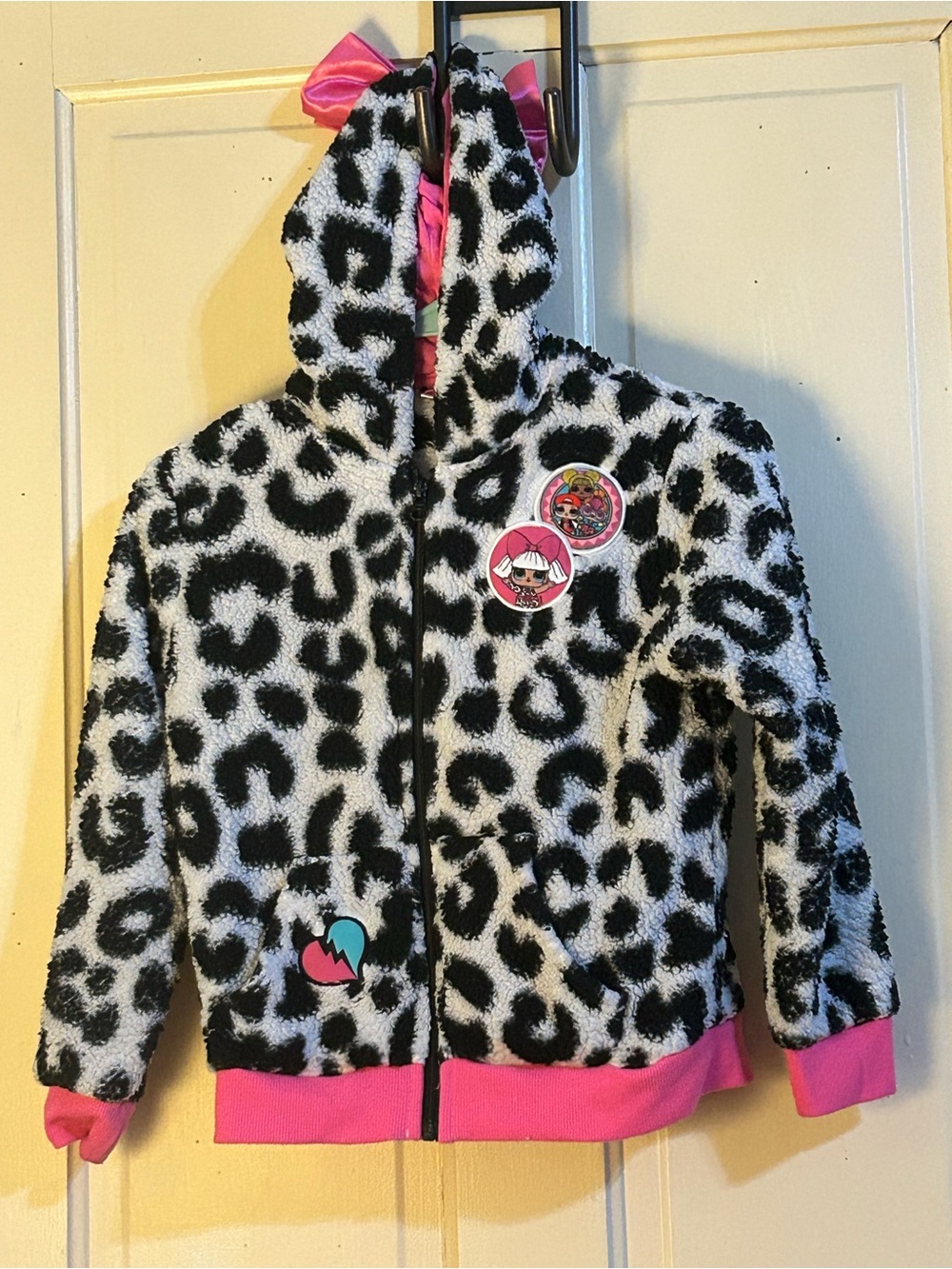 Girls' Black & White Leopard Fleece Zip Hoodie with Pink Trim